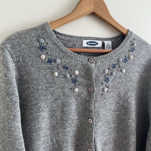 Old Navy Y2K Wool Floral Embroidered Cardigan XL Gray Boxy Cottagecore Cozy Knit - Picture 3 of 8